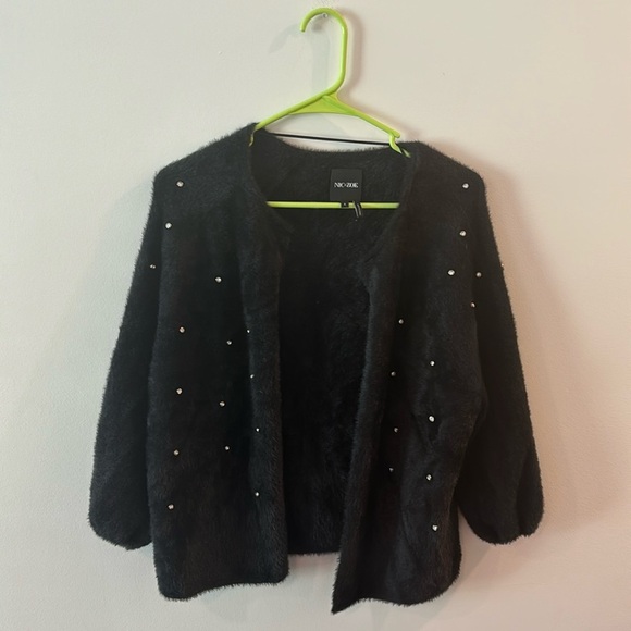 NIC+ZOE Grey Furry Cardigan with Embellished rhinestones - Picture 1 of 5